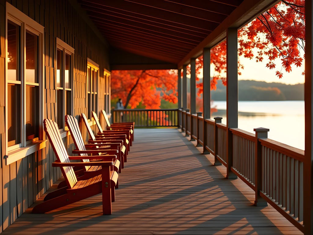 Luxury veranda overlooking Lake Champlain with fall foliage at The Inn at Malletts Bay
