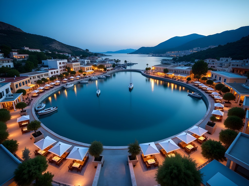 Luxury hotel view overlooking Voulismeni Lake in Agios Nikolaos, Crete
