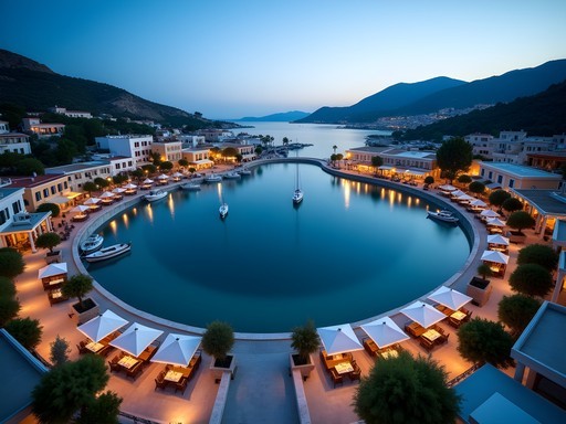 Luxury hotel view overlooking Voulismeni Lake in Agios Nikolaos, Crete