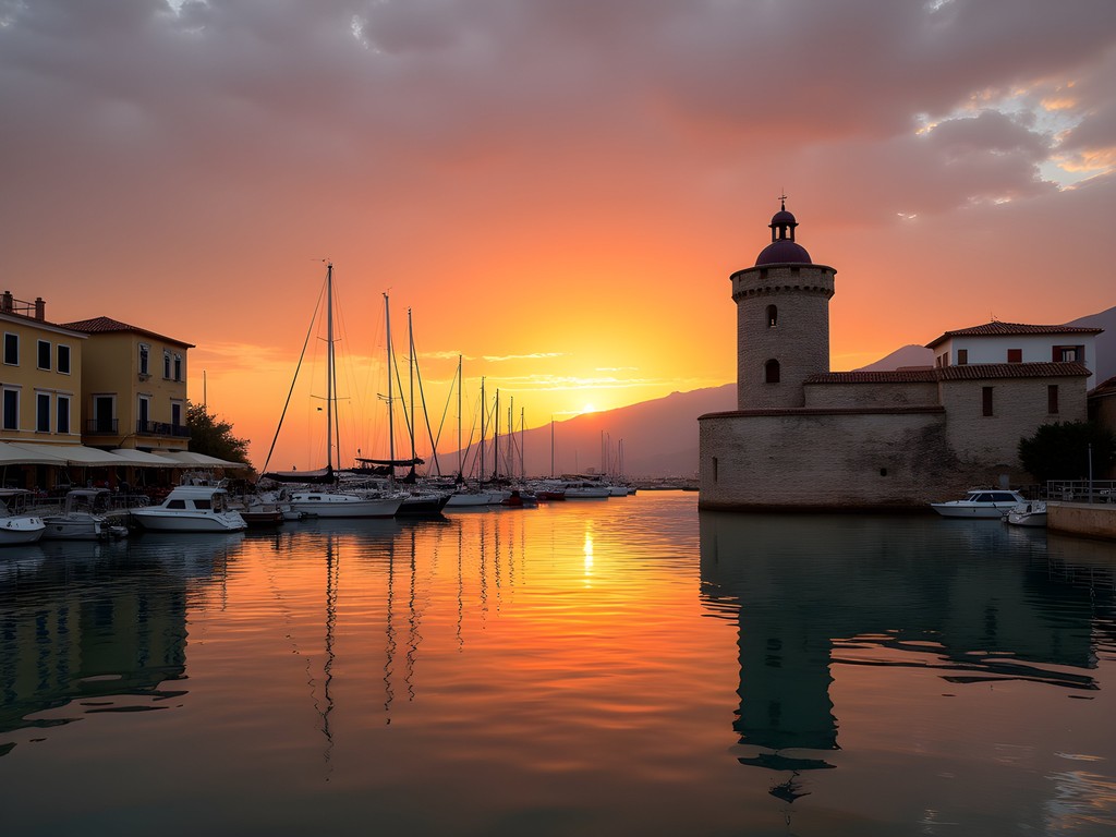 Sunset view of Chania's Venetian harbor with historic lighthouse