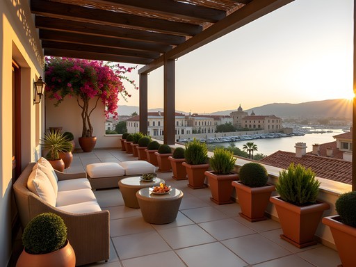 Rooftop terrace of boutique hotel overlooking Rethymno's Venetian harbor and fortress