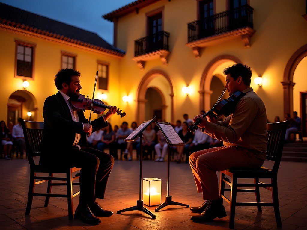 Evening courtyard music performance at Hotel Santa Lucía in Cuenca with traditional Ecuadorian musicians