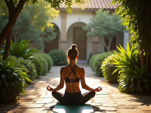 Morning yoga practice in the lush garden of Mansion Alcázar boutique hotel in Cuenca