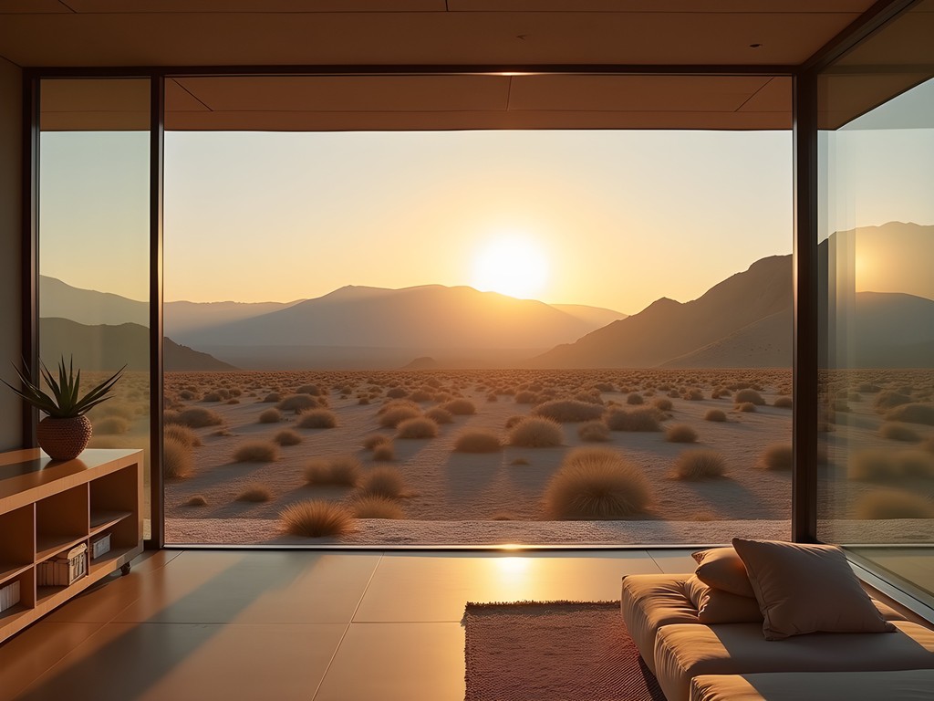 Eco-cabin with floor-to-ceiling windows overlooking the Judean Desert at sunset