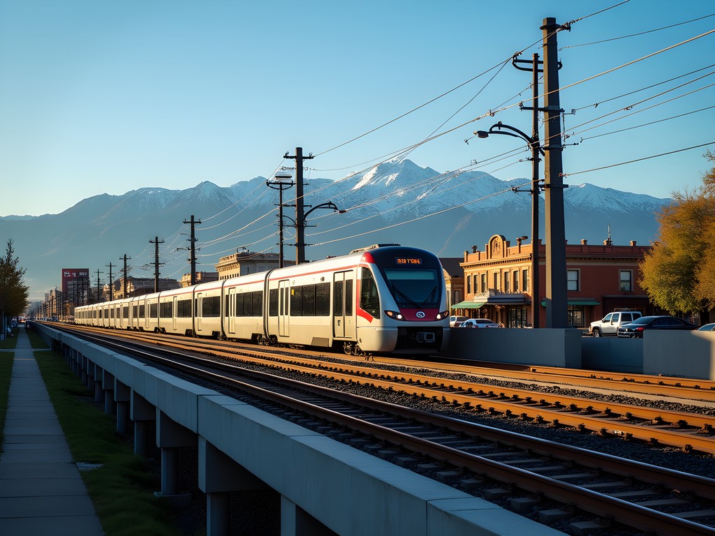 Denver RTD light rail train with Rocky Mountain views in background