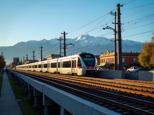 Denver RTD light rail train with Rocky Mountain views in background