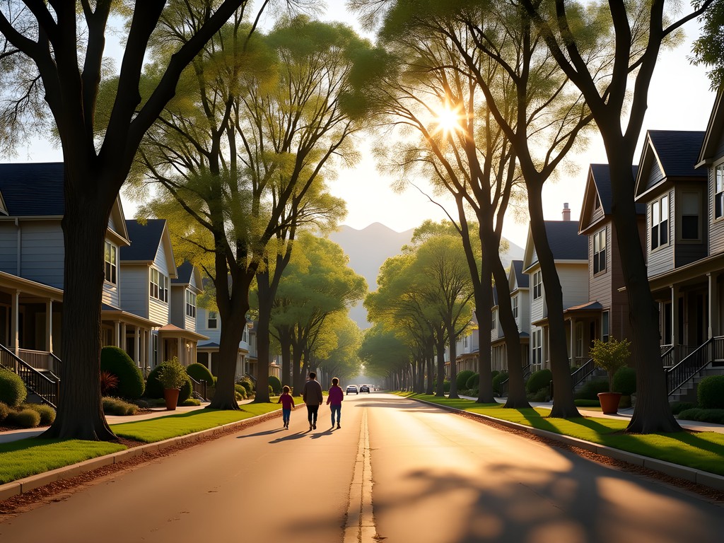 Tree-lined residential street in Denver Highland neighborhood with Victorian homes