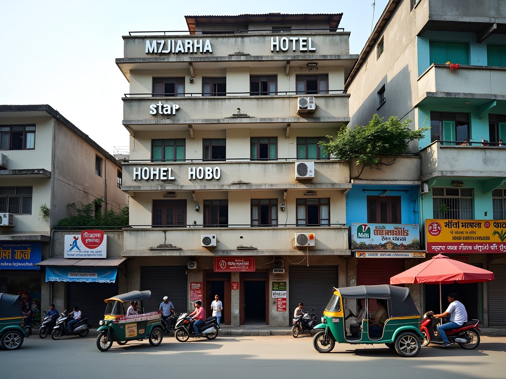 Exterior view of a budget hotel in Old Dhaka with colorful signage and bustling street life