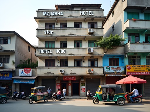 Exterior view of a budget hotel in Old Dhaka with colorful signage and bustling street life