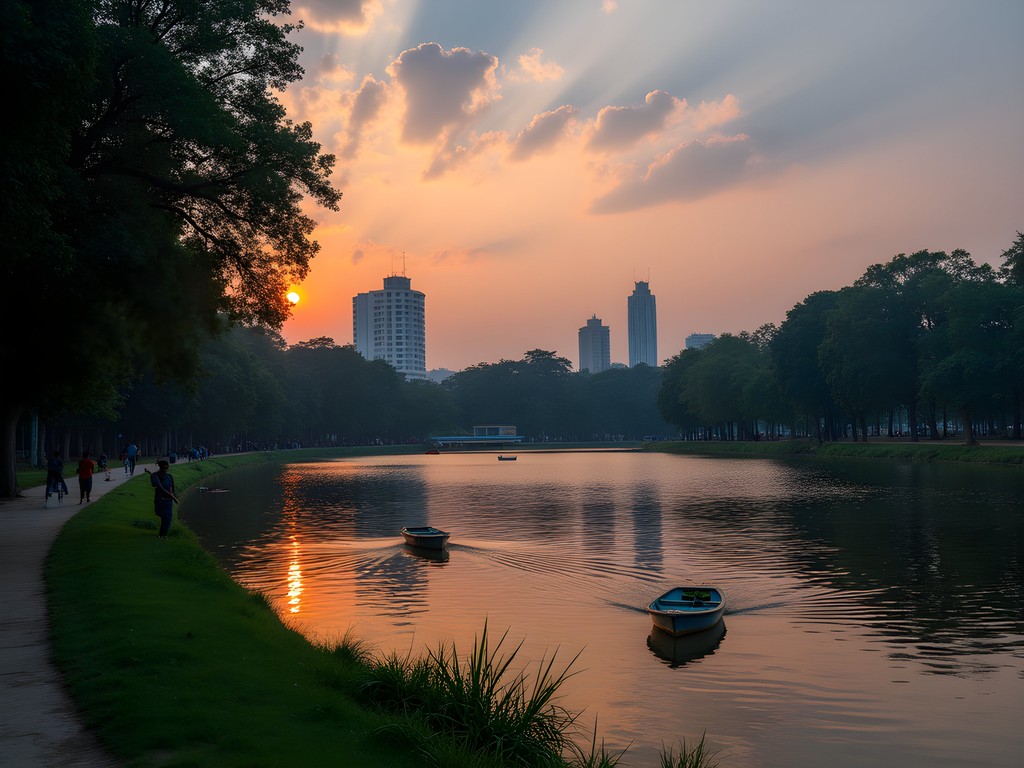 Evening view of Dhanmondi Lake in Dhaka with locals strolling along waterside paths