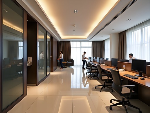 Modern business center in a Dhaka hotel with workstations and meeting areas