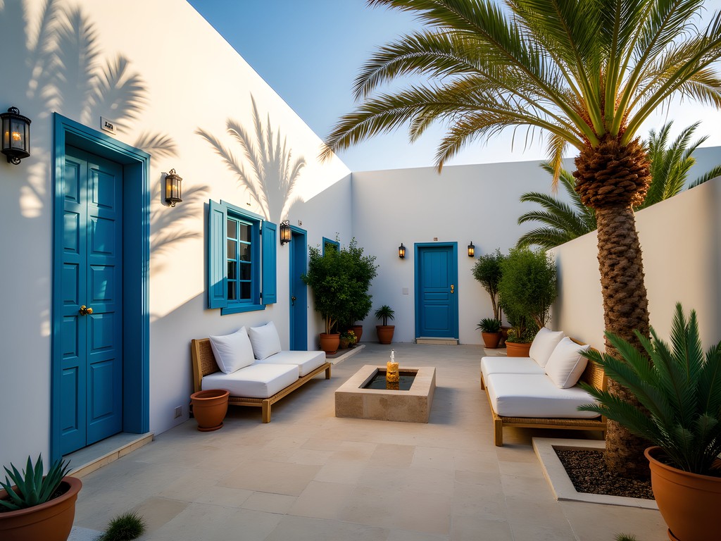 Lush courtyard garden of a traditional menzel-style boutique hotel in Djerba with white walls and blue accents