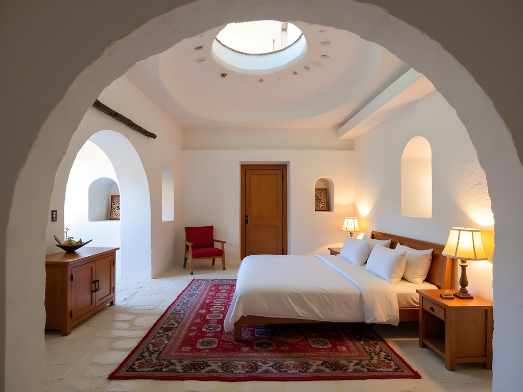 Interior of a luxurious cave dwelling accommodation in Djerba with domed ceiling and traditional furnishings