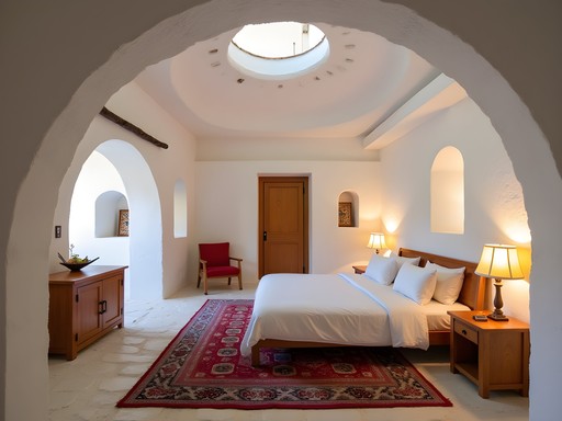Interior of a luxurious cave dwelling accommodation in Djerba with domed ceiling and traditional furnishings