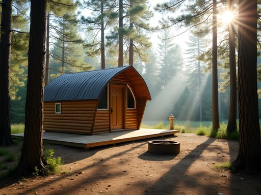 Wooden yurt structure in Peninsula State Park surrounded by tall pine trees with morning light filtering through