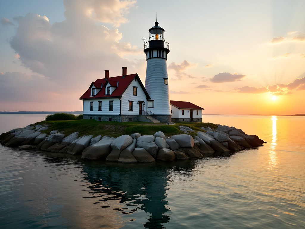 Historic Pomham Rocks Lighthouse B&B at sunrise with golden light reflecting on Narragansett Bay