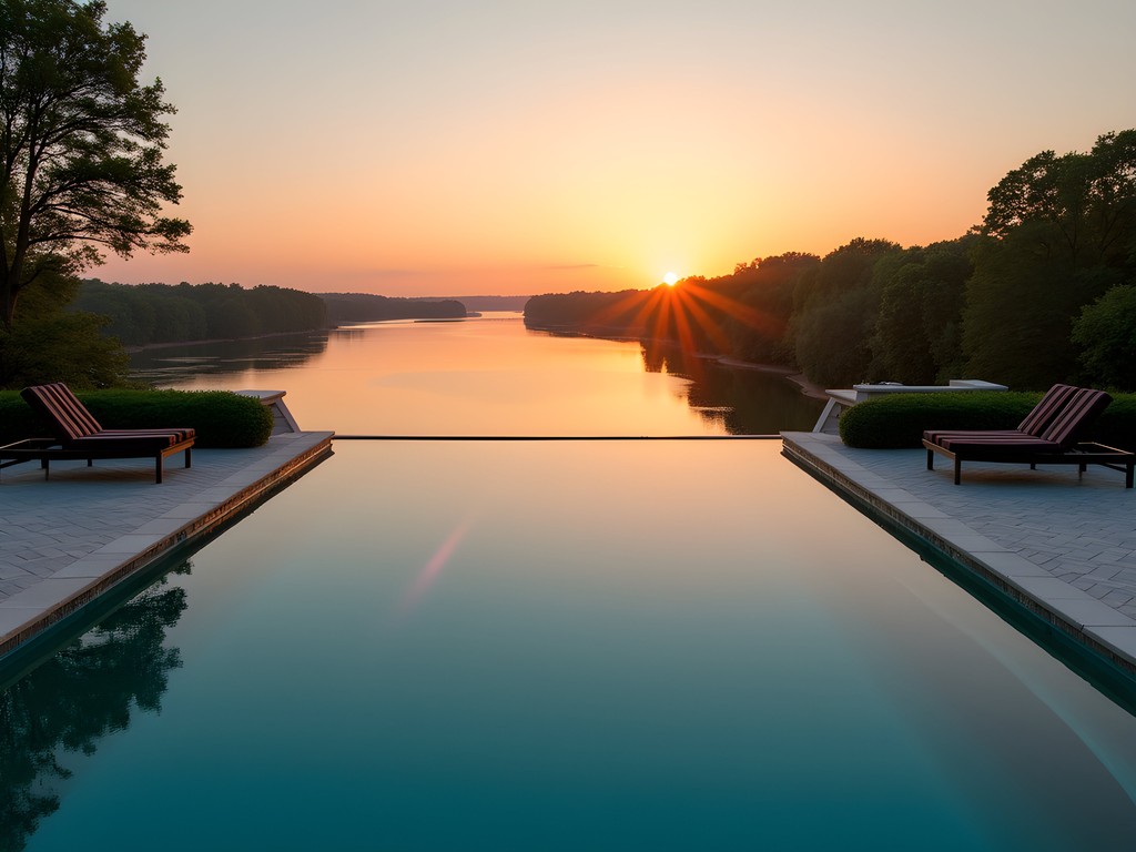 Luxury infinity pool at The Riverside Collection appearing to merge with Seekonk River at sunset