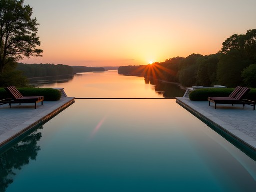 Luxury infinity pool at The Riverside Collection appearing to merge with Seekonk River at sunset