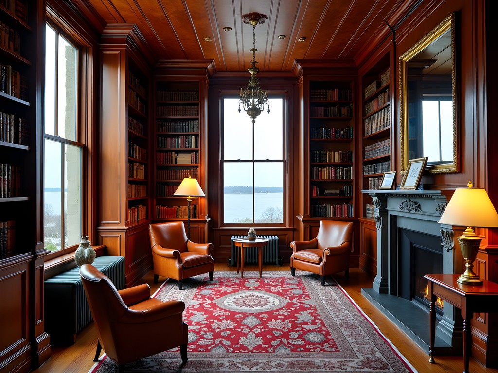 Historic wood-paneled library at The Squantum Association hotel with views of Narragansett Bay
