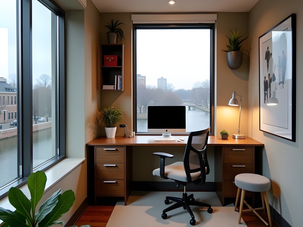 Well-designed office nook in Evansville corporate apartment with river views