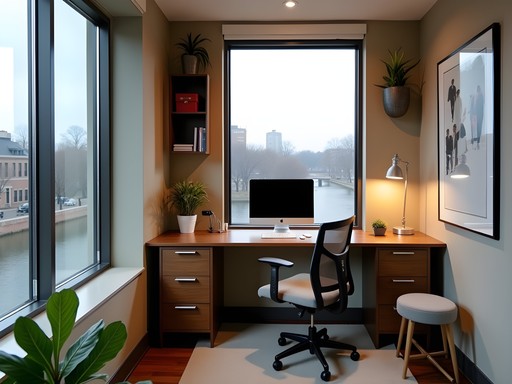 Well-designed office nook in Evansville corporate apartment with river views