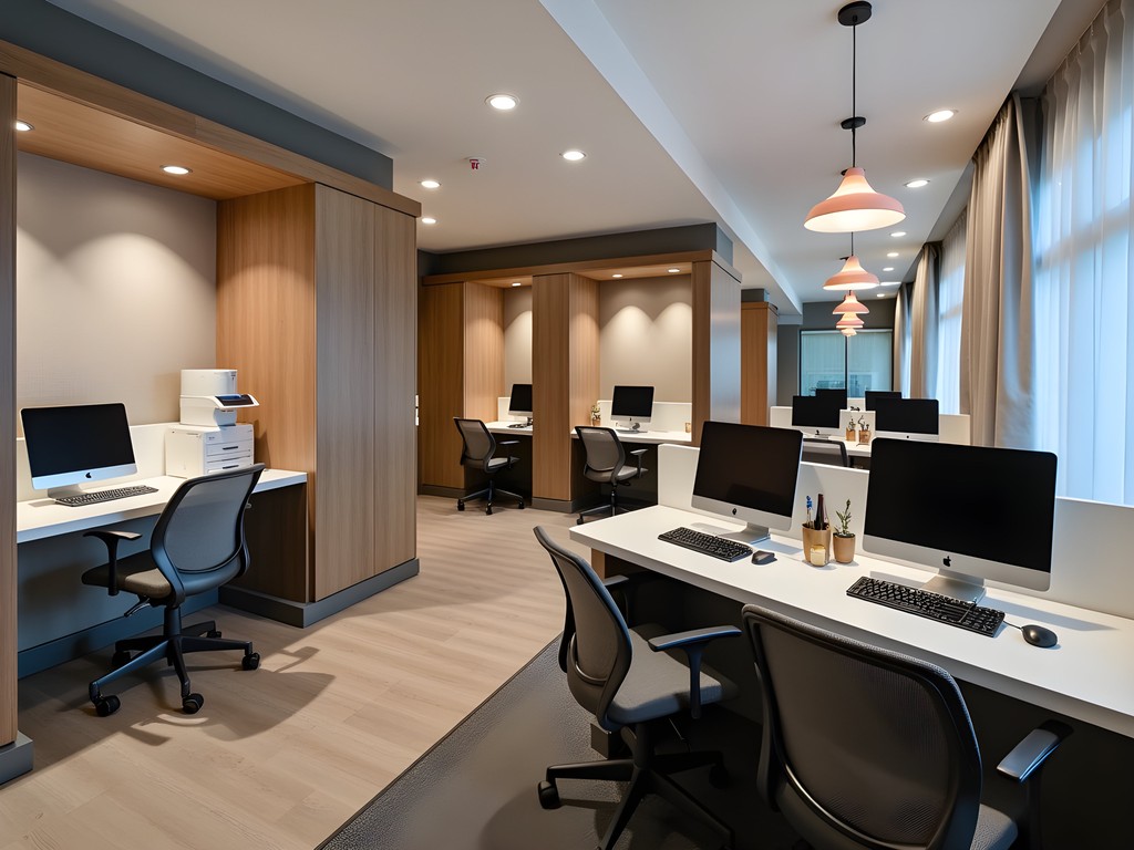 Professional business center at DoubleTree Evansville with private workstations