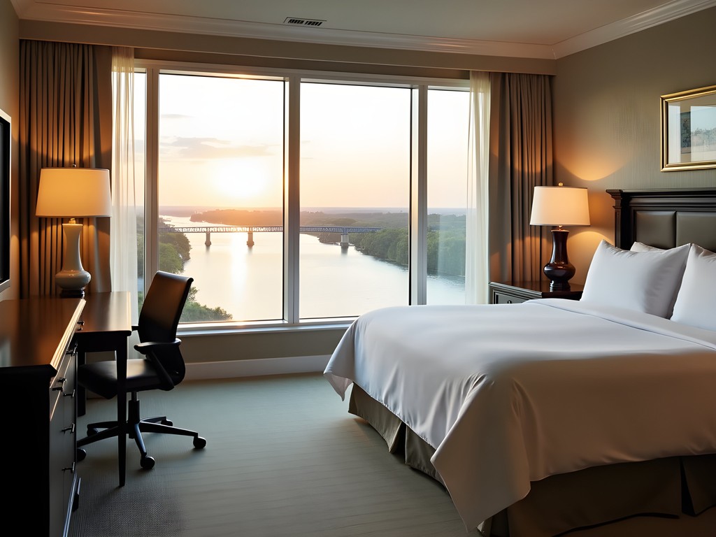 Elegant river-view suite at Le Merigot Evansville with business amenities