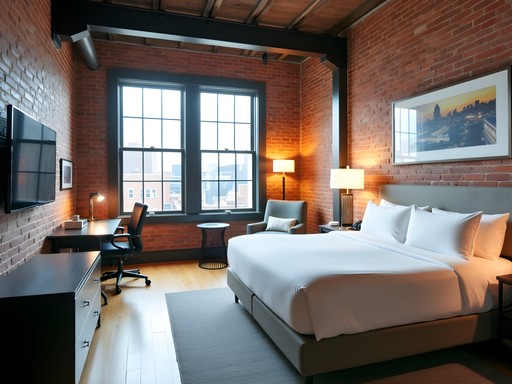 Stylish exposed brick suite at The Loft on Main Street Evansville with business amenities