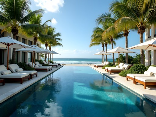 Luxury resort swimming pool with palm trees and beachfront view in Jurerê Internacional, Florianópolis