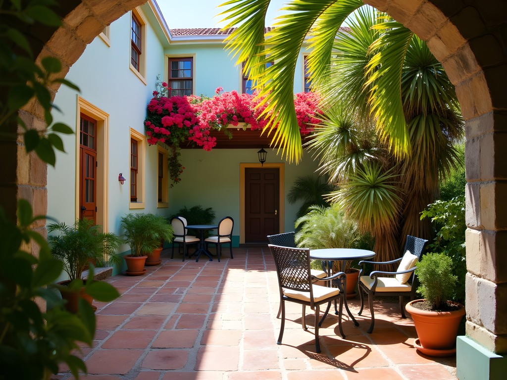 Lush tropical courtyard of a historic guesthouse in Frederiksted
