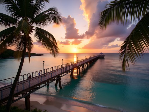 Sunset view of Frederiksted Pier from nearby beachfront accommodation
