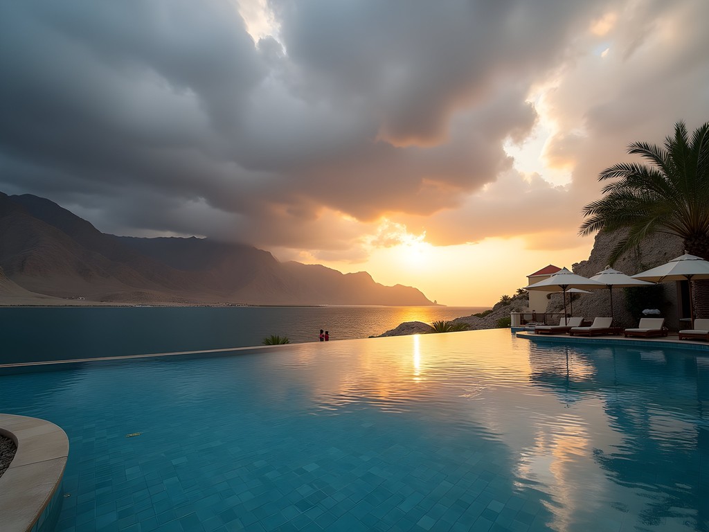 Dramatic storm clouds gathering over mountains behind InterContinental Fujairah Resort infinity pool