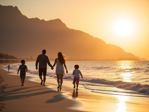 Family enjoying sunset on private beach at Radisson Blu Resort Fujairah