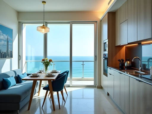 Modern apartment kitchen with ocean view at Royal Beach Resort & Spa Apartment Hotel Fujairah