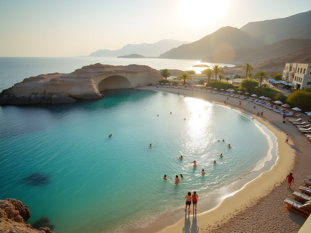 Protected beach cove at Sandy Beach Hotel & Resort Fujairah with families enjoying calm waters