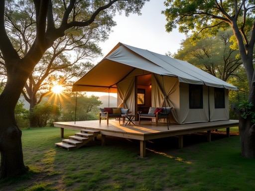 Luxury safari tent on elevated platform at Scalesia Lodge surrounded by endemic Scalesia forest