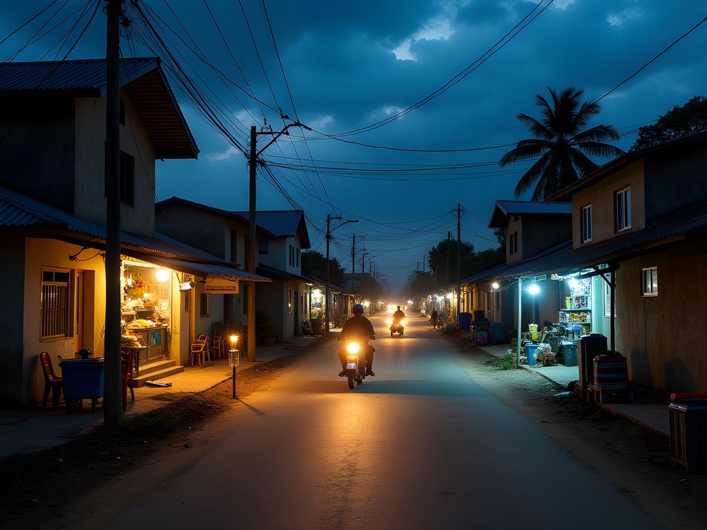 Evening street scene in Ganta during power outage showing businesses using generators