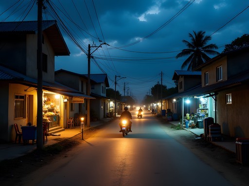 Evening street scene in Ganta during power outage showing businesses using generators