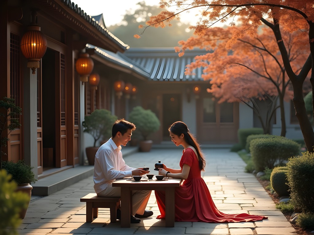 Couple enjoying private tea ceremony in traditional Chinese courtyard at Amanfayu Hangzhou