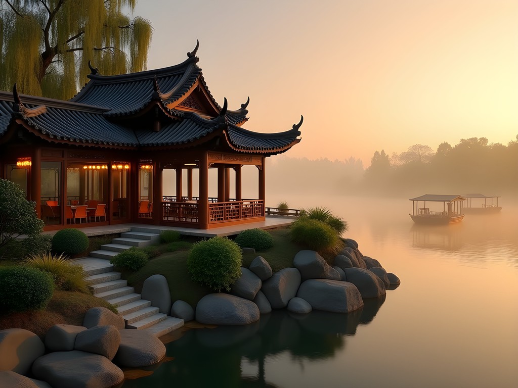Four Seasons Hotel Hangzhou traditional pavilion overlooking West Lake at sunset with golden light