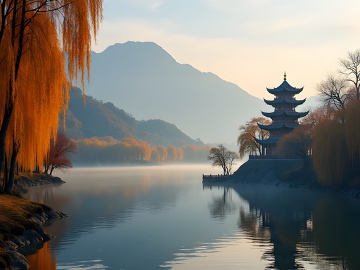 West Lake Hangzhou with autumn foliage, traditional pagoda, and misty mountains in background