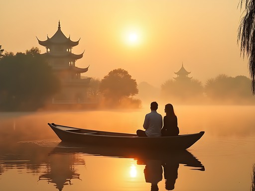 Couple on traditional wooden boat at West Lake Hangzhou during misty sunrise in autumn