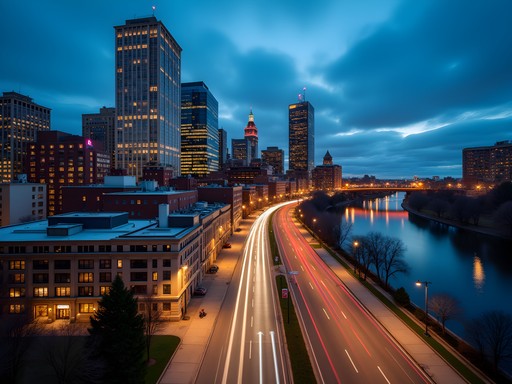 Evening view of Hartford's downtown business district with illuminated buildings