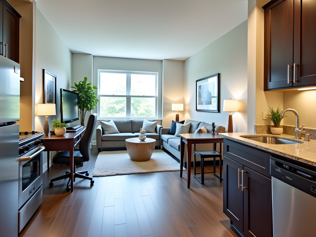 Modern extended stay apartment kitchen and workspace in Hartford