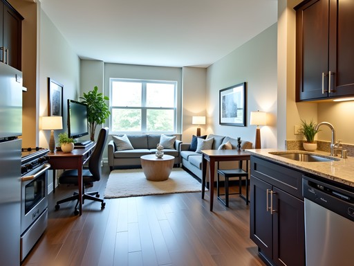 Modern extended stay apartment kitchen and workspace in Hartford