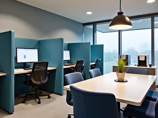 Modern business center in Hartford hotel with private workspaces and meeting areas