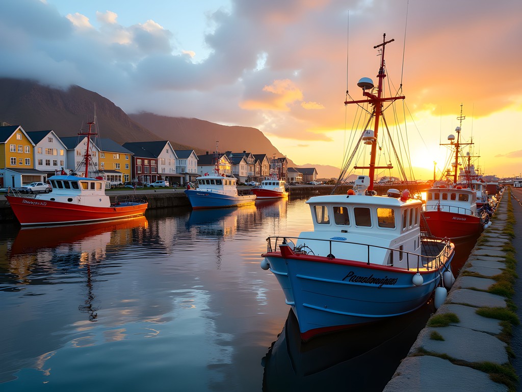 Höfn harbor at midnight with golden sunlight illuminating fishing boats and mountains