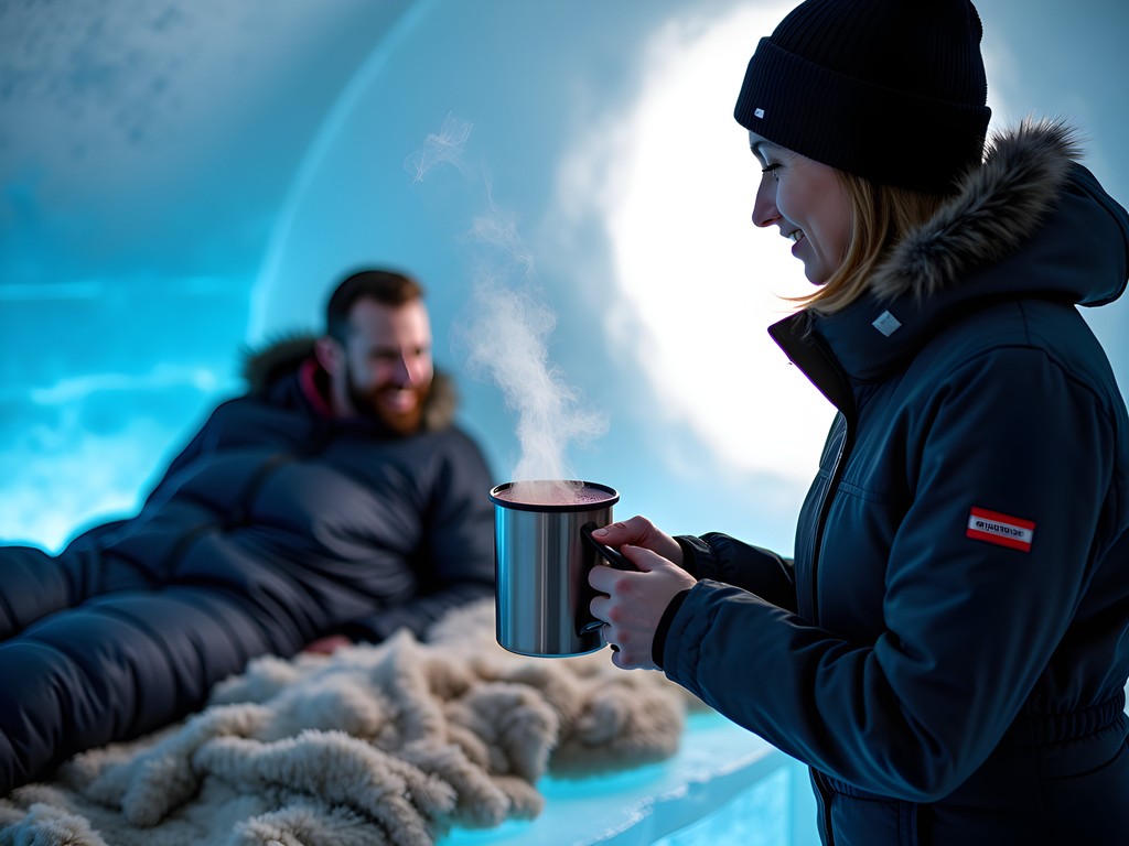 Staff member serving hot lingonberry juice to guest waking up in ice room