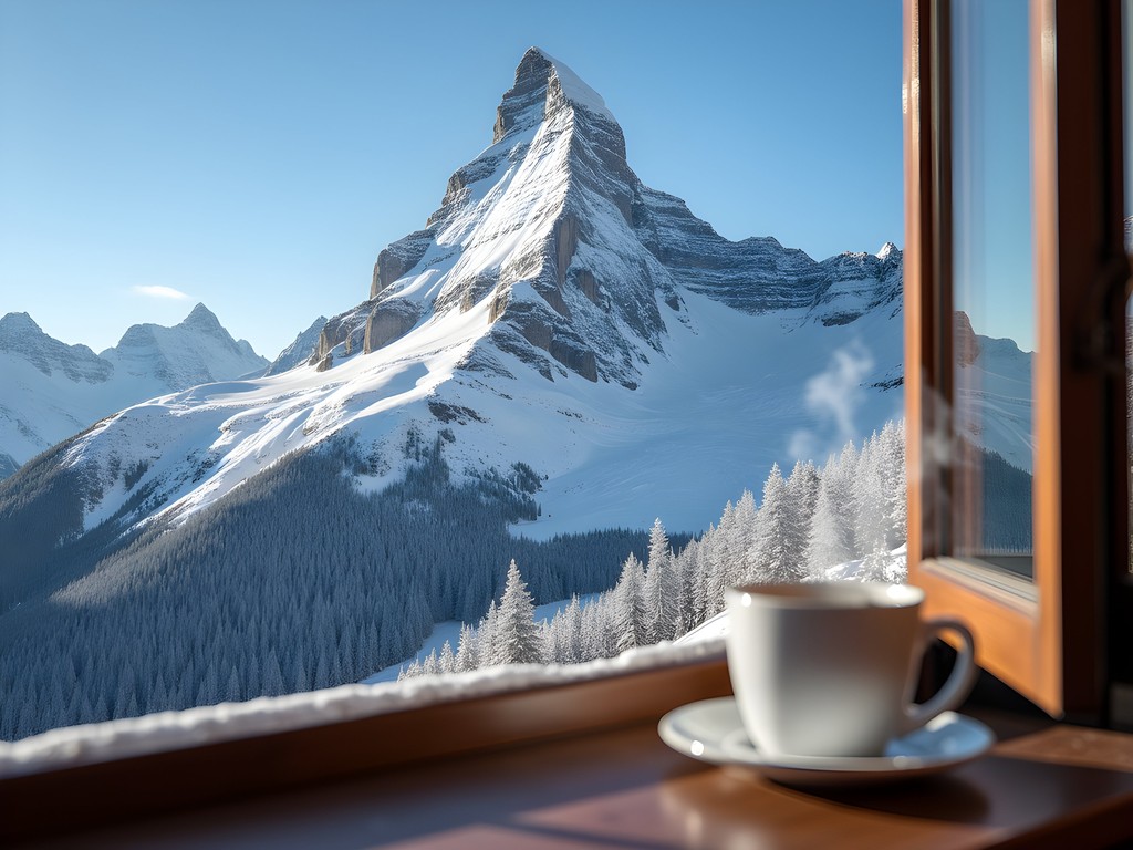 View of snow-covered Eiger North Face from Hotel Eiger balcony in Mürren, Switzerland