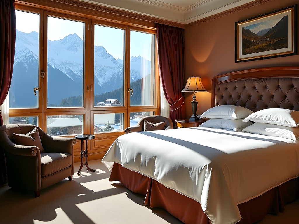 Luxury suite at Victoria-Jungfrau Grand Hotel with panoramic views of snow-covered Jungfrau mountain